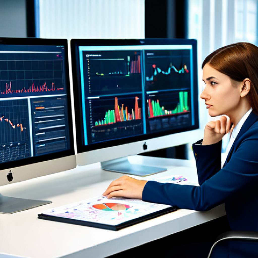 A focused female professional, fully clothed in a modest business suit, sitting at a modern desk in a well-lit, contemporary office. She is looking at multiple large computer screens displaying complex data visualizations, intricate charts, and detailed analytics dashboards, representing profound digital marketing insights. Her expression is thoughtful and her pose is natural and contemplative, suggesting deep strategic analysis. The environment is clean, organized, and conveys a sense of innovation and efficiency. The lighting is bright and even, highlighting the professional atmosphere. safe for work, appropriate content, fully clothed, professional dress, perfect anatomy, correct proportions, natural pose, well-formed hands, proper finger count, natural body proportions, professional photography, high resolution, detailed, sharp focus.