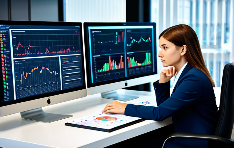 A focused female professional, fully clothed in a modest business suit, sitting at a modern desk in a well-lit, contemporary office. She is looking at multiple large computer screens displaying complex data visualizations, intricate charts, and detailed analytics dashboards, representing profound digital marketing insights. Her expression is thoughtful and her pose is natural and contemplative, suggesting deep strategic analysis. The environment is clean, organized, and conveys a sense of innovation and efficiency. The lighting is bright and even, highlighting the professional atmosphere. safe for work, appropriate content, fully clothed, professional dress, perfect anatomy, correct proportions, natural pose, well-formed hands, proper finger count, natural body proportions, professional photography, high resolution, detailed, sharp focus.