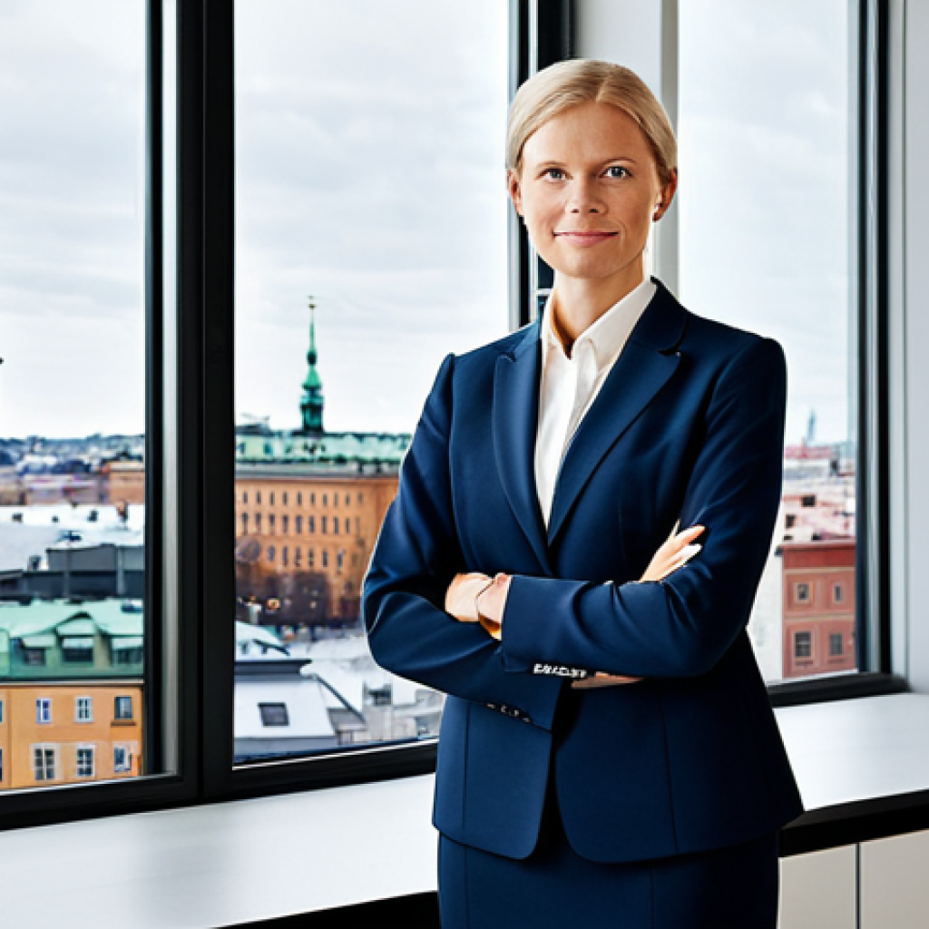 **

"A confident Swedish businesswoman in a tailored, modest business suit, standing in a brightly lit, modern Stockholm office overlooking the city. Fully clothed, appropriate attire, safe for work, perfect anatomy, natural proportions, professional, family-friendly, high-resolution, realistic."

**