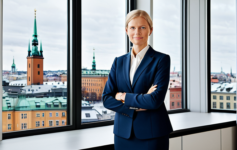 **

"A confident Swedish businesswoman in a tailored, modest business suit, standing in a brightly lit, modern Stockholm office overlooking the city. Fully clothed, appropriate attire, safe for work, perfect anatomy, natural proportions, professional, family-friendly, high-resolution, realistic."

**