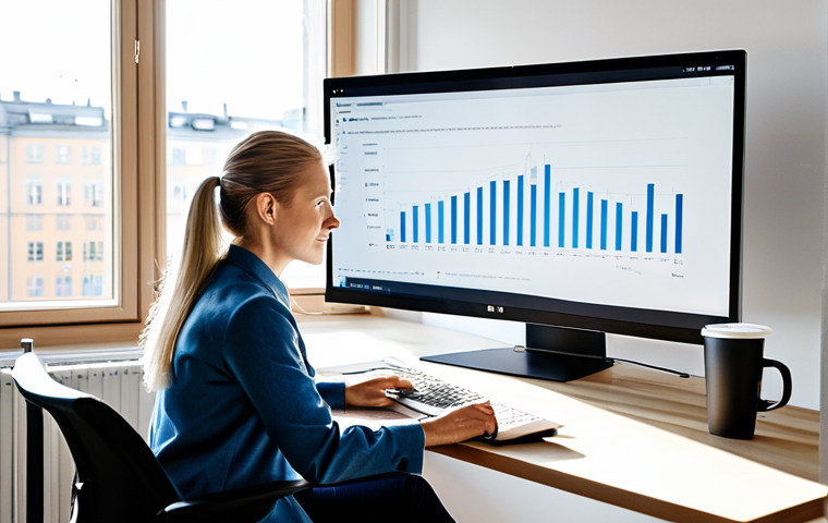 마케팅관리사 실무 일기 작성 사례 - **Professional woman in a bright, modern Stockholm office:** She is analyzing marketing data on a la...