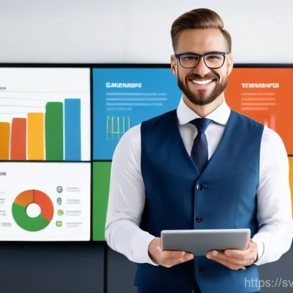 마케팅관리사 관련 취업 포트폴리오 구성법 - **A confident marketing professional presenting a digital portfolio on a sleek tablet in a modern, b...