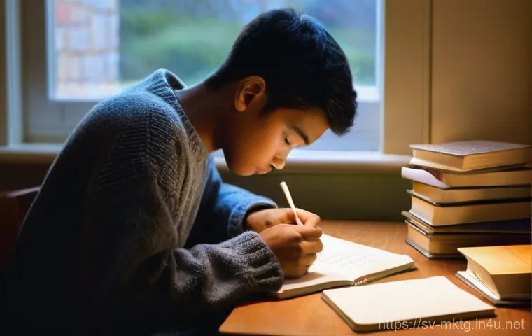 마케팅관리사 실기 시험 당일 팁 - **Prompt:** "A tranquil evening study scene. A young person, approximately 16 years old, is comforta...