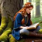 마케팅관리사 업무 일지 작성 방법 - A whimsical, detailed illustration of a young female wizard, approximately 16 years old, sitting cro...