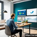 마케팅관리사 자격증의 미래 전망 - A modern Swedish marketing professional working in a bright, stylish office with multiple screens di...