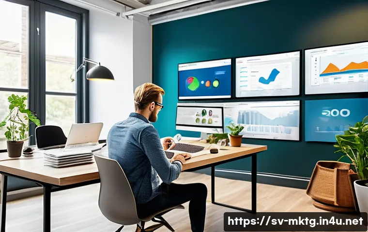 마케팅관리사 자격증의 미래 전망 - A modern Swedish marketing professional working in a bright, stylish office with multiple screens di...