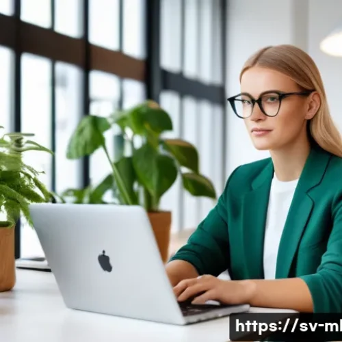 마케팅관리사 자격증 추천 참고 자료 - A modern Scandinavian office environment with a young professional woman sitting at a sleek desk, fo...