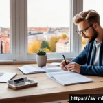 마케팅관리사 시험 준비 중 주의할 점 - A focused young Swedish adult studying at a modern, cozy home office desk, surrounded by textbooks o...