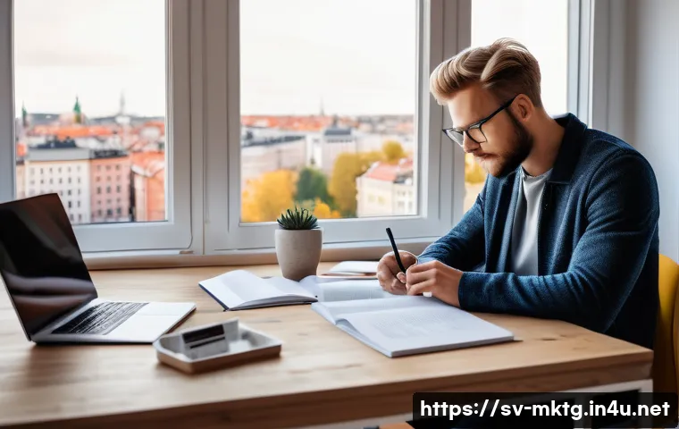 마케팅관리사 시험 준비 중 주의할 점 - A focused young Swedish adult studying at a modern, cozy home office desk, surrounded by textbooks o...