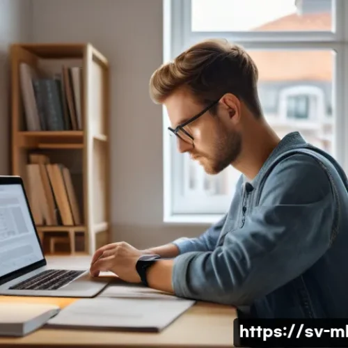 Home 17 마케팅관리사 필기 고득점 전략 - A focused young adult student sitting at a tidy desk in a cozy Scandinavian-style study room, surrou...