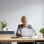 Home 20 마케팅관리사 취득 후 업무 중 스트레스 관리법 - A modern Scandinavian home office scene in bright natural light, featuring a young professional woma...