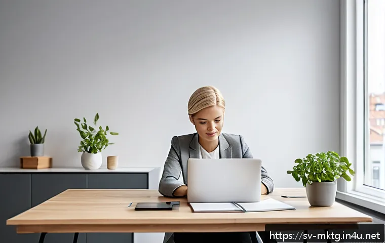 마케팅관리사 취득 후 업무 중 스트레스 관리법 - A modern Scandinavian home office scene in bright natural light, featuring a young professional woma...