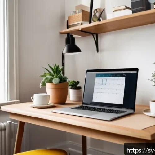 Home 31 마케팅관리사 필기 대비 학습 스케줄 - A cozy, well-organized Swedish home study corner with natural daylight streaming through a window, f...