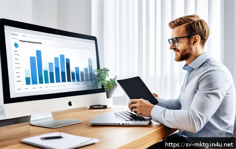 마케팅관리사 취득 후 SNS 마케팅 활용법 - A modern digital marketing workspace featuring a sleek laptop displaying social media analytics dash...