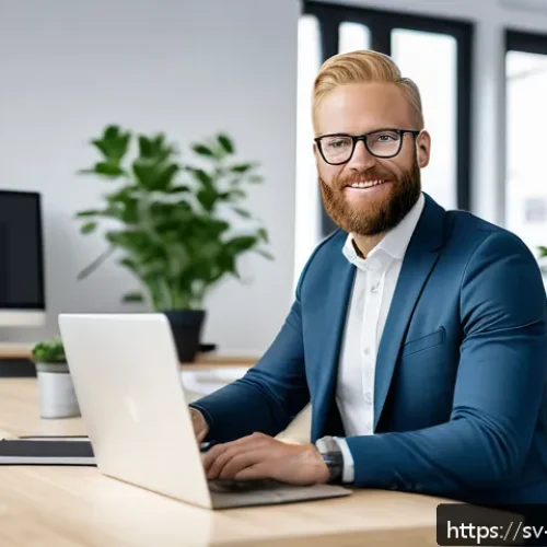 Home 17 마케팅관리사 자격증과 마케팅 실무 연계 사례 - A professional Swedish marketing specialist in a modern office environment, confidently showcasing d...